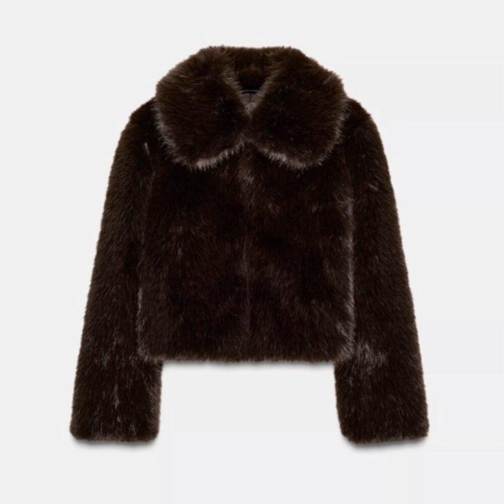 ZARA Brown Faux Fur Jacket with Collar and Toggle Closure- XS